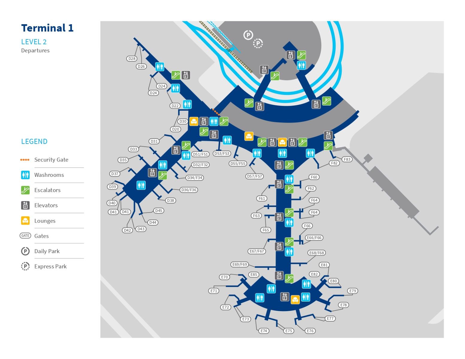 Toronto Pearson Terminal 1 map showing rest zones and sleep areas for overnight stays.